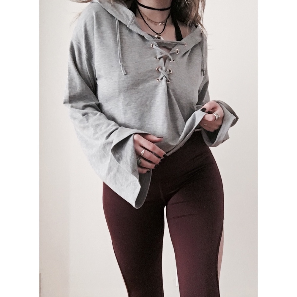 Oversized Lace Up Bell Sleeve Pullover Hoodie